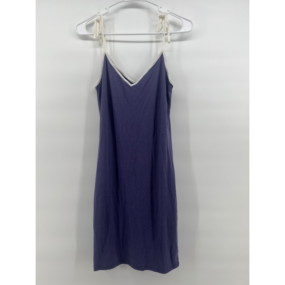 Y2K Forever 21 Bodycon Dress Womens Purple Ribbed Knit Tie Shoulder Babydoll